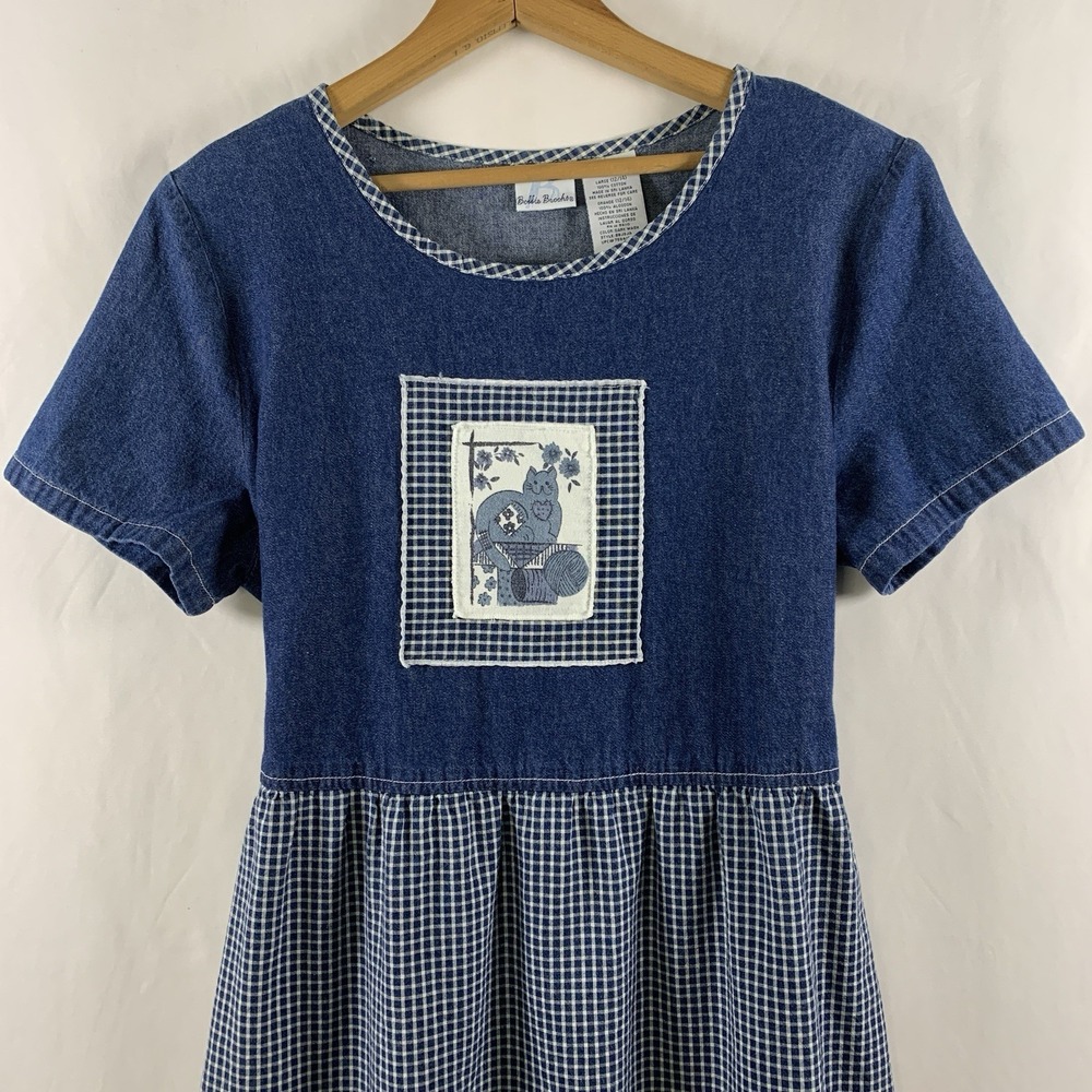 Vintage 90s Womens Cat Denim Tie Back Maxi Dress Sz L Cottage Country Homestead - Picture 3 of 14